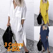 Vestido camisero de manga larga con solapa para mujer, ropa de algodón con abertura, elegante, color liso, túnica para oficina y trabajo, otoño, 2021 2024 - compra barato