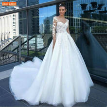 Vestido de casamento branco sexy 2021 renda appliqued tule o pescoço vestidos de noiva mangas compridas robe de mariee feito sob encomenda 2024 - compre barato
