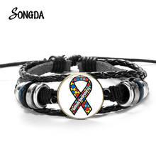 Puzle Piece-pulsera de concientización sobre el autismo, cinta de cristal, imagen de cuero tejido, pulseras de supervivencia, joyería con esperanza de amor 2024 - compra barato