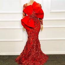 Nigerian Red Lace Evening Dresses For Women Long Sleeves Bow Bow Appliques Plus Size Prom Dress Aso Ebi Dubai Formal Party Gowns 2024 - buy cheap