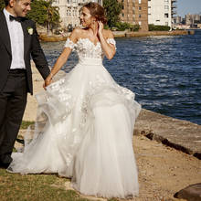 Vestidos de novia con dobladillo arrugado, hombros descubiertos, desmontable, para playa, boda, Apliques de encaje 3D 2024 - compra barato