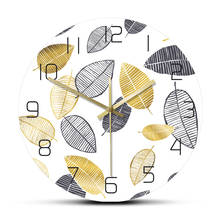 Relógio de parede minimalista com folhas douradas e pretas, relógio de parede moderno design nórdico, decoração de casa para sala de estar 2024 - compre barato