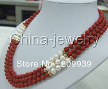 Ожерелье из натурального красного кораллового и белого цветов, 18-20 дюймов, 8 мм, 0030 AAA + 3 ряда/20 c, Скидка 40% 2024 - купить недорого
