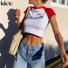 Kliou Letter Graphic Cotton T-shirts Women 2021 Casual Active Work Out Streetwear O-neck Crop Top Skinny Slim Classic Tees Hot 2024 - buy cheap