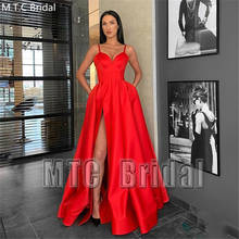 Red Sexy Long Evening Dress With Pockets High Slit A Line Satin Formal Party Dresses Plus Size Women Prom Gowns Customize 2024 - buy cheap