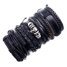 Pulseiras masculinas com caveira e corda de couro, pulseira de couro preto com 10 esferas 2024 - compre barato