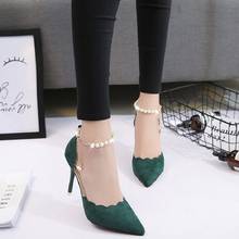 2021 spring new stiletto heel sexy banquet dress female sandals word pearl chain shallow mouth frosted leather pointed shoes 2024 - buy cheap