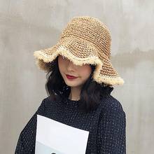 Chapéus de sol para mulheres, de verão, chapéu de palha de crochê, aba larga, ondulado, protetor solar, moda praia, chapéu de palha 2024 - compre barato
