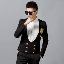 Autumn New Men's Blazer Nightclub Tide Male Personality Slim Embroidered Badge Small Suit Men Fashion Double-breasted Court Coat 2024 - buy cheap