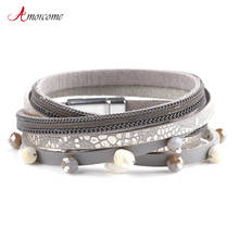 Amorcome Vintage Multilayer Magnet Buckle Leather Bracelets 2021 Female Jewelry Irregular Crystal Beads Charm Bracelet Femme 2024 - buy cheap