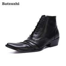 Batzuzhi botas sociais masculinas, botas japonesas da moda para homens, de couro macio e preto, sapatos pretos de cano curto com cadarço para homens 2024 - compre barato