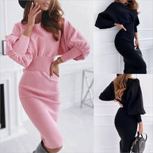 Fashion O-neck Long Sleeve Pencil Dress Women 2020 Autumn Winter Black Pink Bodycon Elegant Office Woman Dresses Robe Femme 2024 - buy cheap