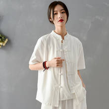 Johnature Women Chinese Style Shirts Cotton Linen Blouses Solid Color 2021 New Summer Stand Short Sleeve Button Vintage Shirts 2024 - buy cheap