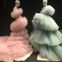 2019 Fashion Puffy Ruffles Tulle Prom Dresses Mint Pink Tiered Skirt Pageant Party Gown Short Sleeve Court Train Evening Dress 2024 - buy cheap