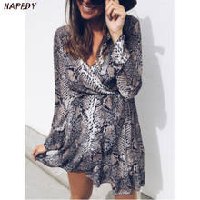 New Fashion Brown Snake Printed Dress Women Holiday Long Sleeve V-Neck Dresses Autumn Spring Short Mini Dresses Vestidos CA6928﻿ 2024 - buy cheap