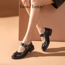 BeauToday-zapatos Lolita de piel de vaca para mujer, calzado con punta redonda, diseño hueco, correas de hebilla, planos poco profundos, hechos a mano, 28219 2024 - compra barato