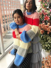 Elfbop Mahair шерстяной контрастный полосатый вязаный свитер с круглым вырезом пуловер-Женский Стильный теплый модный джемпер 2024 - купить недорого