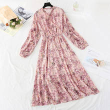 Women Elegant Long Dress 2020 New Floral Print Pleated Dress Office Lady Chiffon Summer Dress elastic waist Long Sleeve Vestidos 2024 - buy cheap