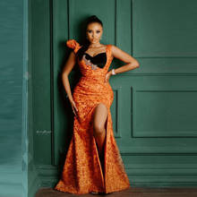 Luxury Orange Aso Ebi Evening Dresses High Slit Short Sleeves Lace Plus Size Women Prom Party Gowns Crystal Beaded Custom Made 2024 - buy cheap