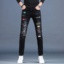 Оптовая продажа 2020, мужские рваные черные джинсы с 3D вышивкой, мужские брендовые облегающие повседневные штаны, летние тонкие джинсы hombre 2024 - купить недорого