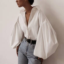 Lantern Sleeve Elegant Black White Shirt Sexy Vintage Button Blouse Turn Down Collar Ladies Office Ladies Casual Shirt 2024 - buy cheap