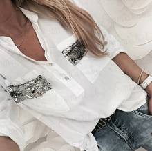 2021 New Women White Blouse Long Sleeve Button-Down Low Cut Blouse White Casual Shirt Tops Fashion Clothes 2024 - buy cheap