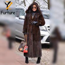 Women Luxury Real Mink Fur Hooded Overcoats 120CM Long Fur  Coat Sashes Slim Ladies Fashion Brown Whole Skin Mink Fur Outerwear 2024 - buy cheap