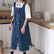 Sungtin-vestido de alça jeans feminino, vintage, chique, solto, alça espaguete, vestido longo, elegante, coreano, sem mangas, bf 2024 - compre barato