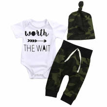 3Pcs Meninos Camuflagem Casuais Roupas de Algodão Da Criança Do Bebê Recém-nascido Bodysuit Macacão de Manga Curta + Calça + Chapéu Roupas Definir 0-18M 2024 - compre barato