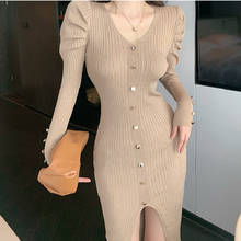 One-Piece Bodycon Knitted Dress Korean V-Neck French Puff Sleeve Mid-Length Slit Autumn Winter Sweater Dress For Women 2021 Y2k 2024 - buy cheap