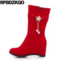 Red Shoes Fur Round Toe 10 Mid Calf Ladies 12 44 Women Boots Winter 2021 Plus Size Velvet Big High Heel Elevator Pearl Black 2024 - buy cheap