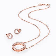 NEW925-Conjunto de pendientes de plata esterlina para mujer, aretes redondos de circonita hueca de oro rosa, collar elegante, cadena de clavícula 2024 - compra barato