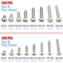 200Pcs M3 Stainless Steel Pan/Flat Head Self-Tapping Screws Assortment Kits M3x6/8/10/12/14/16/18/20 For Hardware Tool Parts 2024 - compre barato
