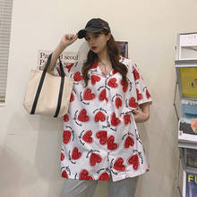 Korean Loose Short Sleeve Chiffon Cartoon Love Heart Print Harajuku Female Blouse Turn Down Collar Sweet Summer Chic Tops Blusas 2024 - buy cheap