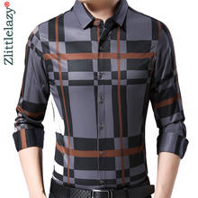 Camisa xadrez de manga longa masculina, camisa casual de marca 2021 para homens, slim fit, vestido social vintage, camisetas moda masculina 90324 2024 - compre barato