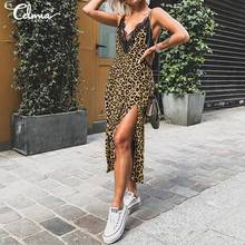 Celmia 2021 Sexy Summer Dress Spaghetti Straps Women V-neck Lace Leopard Print Sundress Sleeveless Beach Split Midi Vestidos 5XL 2024 - buy cheap