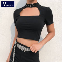 Vangull-camiseta negra de verano para mujer, Camiseta corta con cuello de Gargantilla, camiseta gótica de manga corta 2024 - compra barato