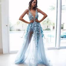 Spaghetti Straps Evening Dresses 2021 V-Neck Sleeveless Lace Appliques Backless Tulle Party Prom Gown For Women Floor Length 2024 - buy cheap