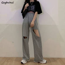 Casual Pants Women Elastic-waist Loose Holes Wide-leg Streetwear Chic Fashion BF Summer Unisex Mopping Korean Style Teens New 2024 - buy cheap