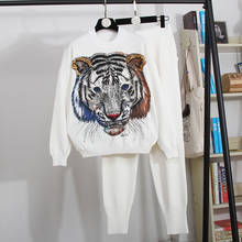 Conjunto de treino preto e branco, moda feminina, conjunto de malha, feito à mão, com pedras, tigre, blusa, calças lápis, roupas femininas, traje de tricô solto 2024 - compre barato
