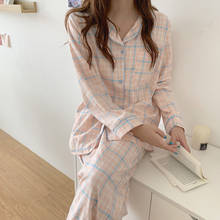 Пижама женская в клетку с длинным рукавом, повседневный пижамный комплект из двух предметов, женские костюмы, в Корейском стиле, на весну 2024 - купить недорого