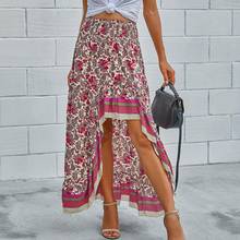 Women Stylish Streetwear Irregular Side Elastic High Waist Ethnic Floral Print High Low Hem Long Skirt 2024 - buy cheap