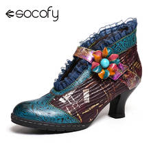 SOCOFY-Botas de tacón bajo para Mujer, zapatos elegantes con encaje de cuero genuino, empalme Floral, Primavera, 2020 2024 - compra barato