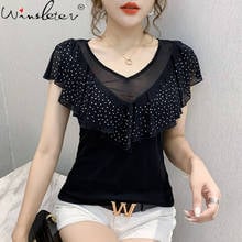 Summer Korean Style T-shirt Sexy Fashion Shiny V-Neck Mesh Patchwork Diamonds Women Tops Ruffles Casual Tees New 2021 T13416A 2024 - buy cheap