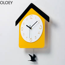 Reloj de pared de madera de diseño moderno, reloj de cuco, péndulo, pájaro amarillo, sala de estar, habitación de niños, decoración del hogar de dibujos animados 2024 - compra barato