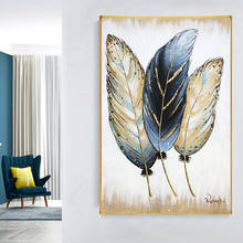 Pintura al óleo sobre lienzo de pluma dorada abstracta nórdica, carteles e impresiones, arte de pared, imagen para decoración del hogar y sala de estar 2024 - compra barato