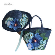 Женская Плетеная соломенная сумка, Синяя пляжная сумка с цветным бантом и цветочным принтом, соломенная шляпа с сумкой-тоутом, лето 2021 2024 - купить недорого