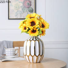 Florero de cerámica con borde dorado para el hogar, florero de cerámica Artificial para mesa de comedor, flores secas, inserto de adornos 2024 - compra barato