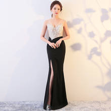 Summer See Through Sexy Cheongsam Black Modern Mermaid Qi Pao Women Oriental Style Host Dresses Chinese Evening Dress Qipao 2024 - buy cheap