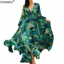 CUHAKCI Summer Floral Printed Maxi Dress Party Leaves Long Lantern Sleeve Casual Loose V Neck Sexy Vestidos 2024 - buy cheap